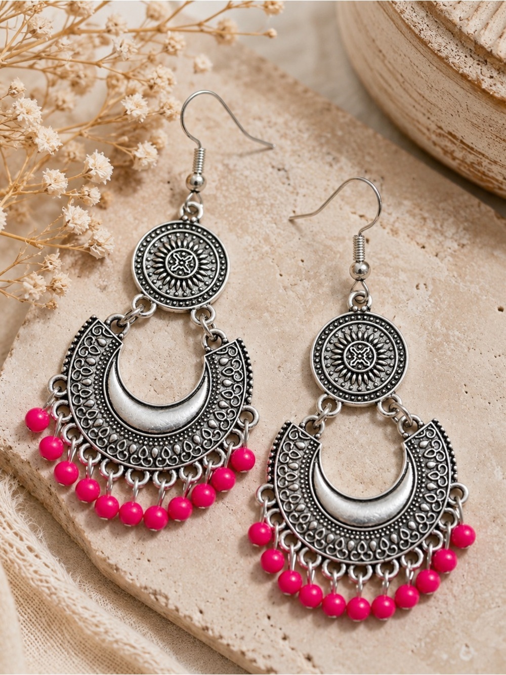 Earrings Boho Pink Silver Statement Paparazzi